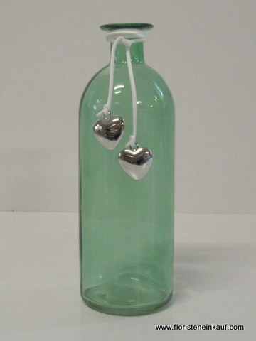 Glasflasche m. 2 Herzen ., H 20 cm, bottlegreen
