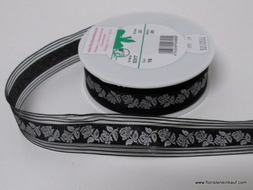 Trauerband, schwarz mit silbernen Rosen, B 25 mm, L 25 m