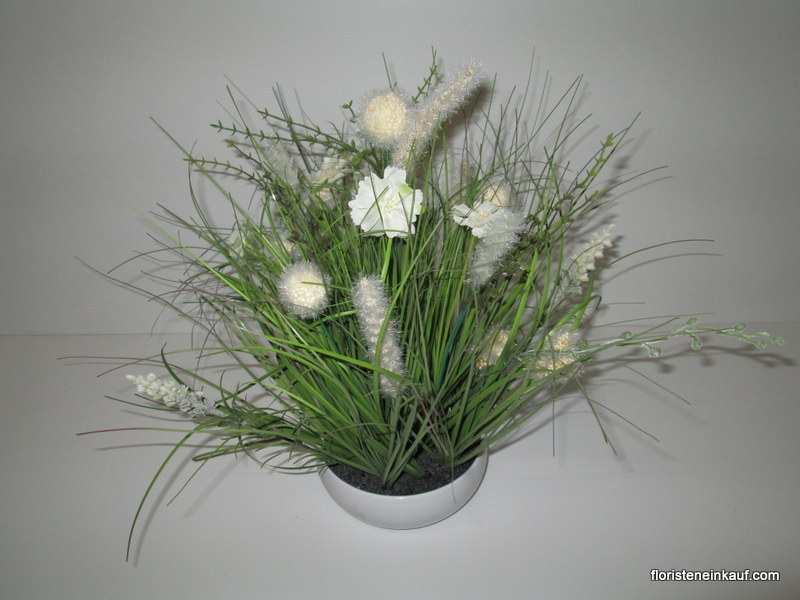 Wiesenblumengras 40x38x18cm weiß in Dekoschale DP Kunstblumen Frühlingsblumen 