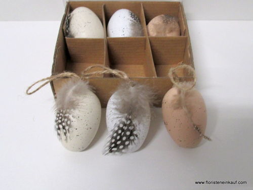 Eier mit Federn, natur-grau, Kunststoff, 6 Stck.